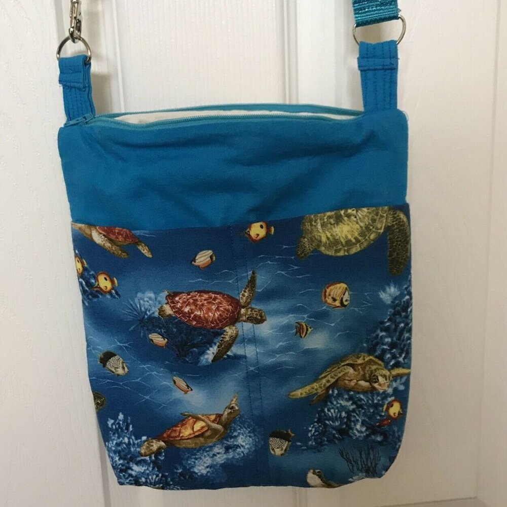 Colorful Sea Turtles Fish Cotton Shoulder Handbag 11" X 9" Blue Green Teal Ocean - Picture 6 of 9